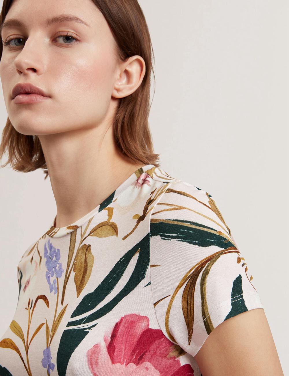 Pink Ted Baker BELLIEA - Painted Floral Print Slim Fit Women T-Shirts | SG  8437-XEONR