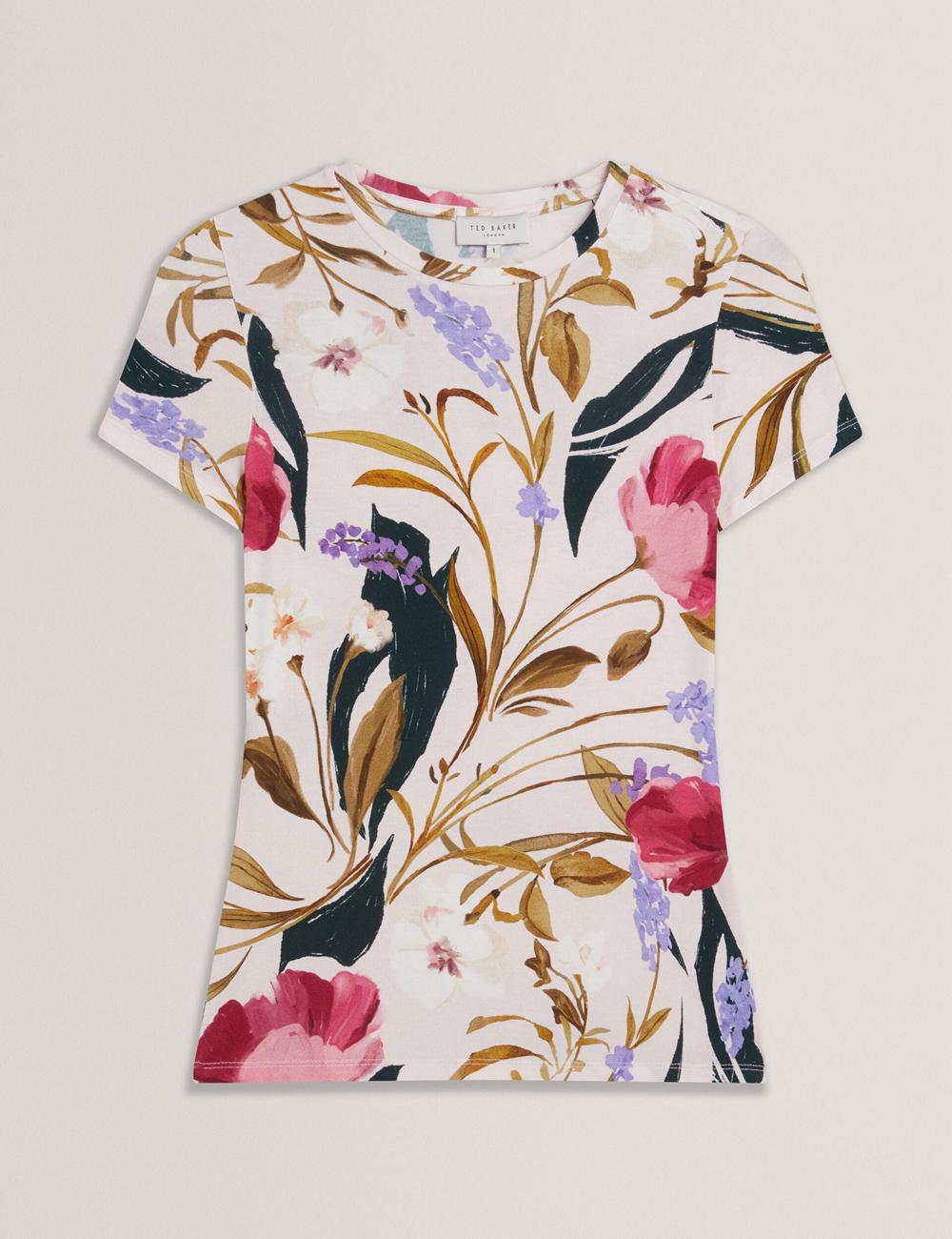 Pink Ted Baker BELLIEA - Painted Floral Print Slim Fit Women T-Shirts | SG  8437-XEONR
