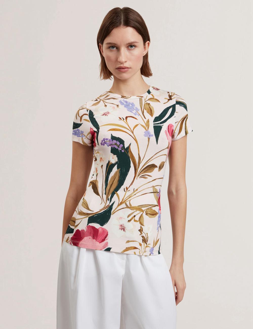Pink Ted Baker BELLIEA - Painted Floral Print Slim Fit Women T-Shirts | SG  8437-XEONR