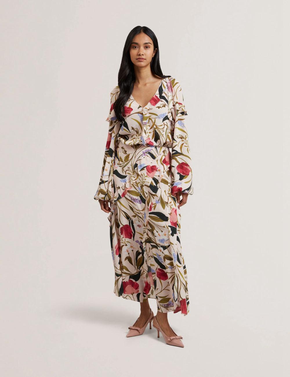 Pink Ted Baker CANDICI - Floral Print Frill Trim With Split Women Midi Skirts | SG  8103-UTLGP