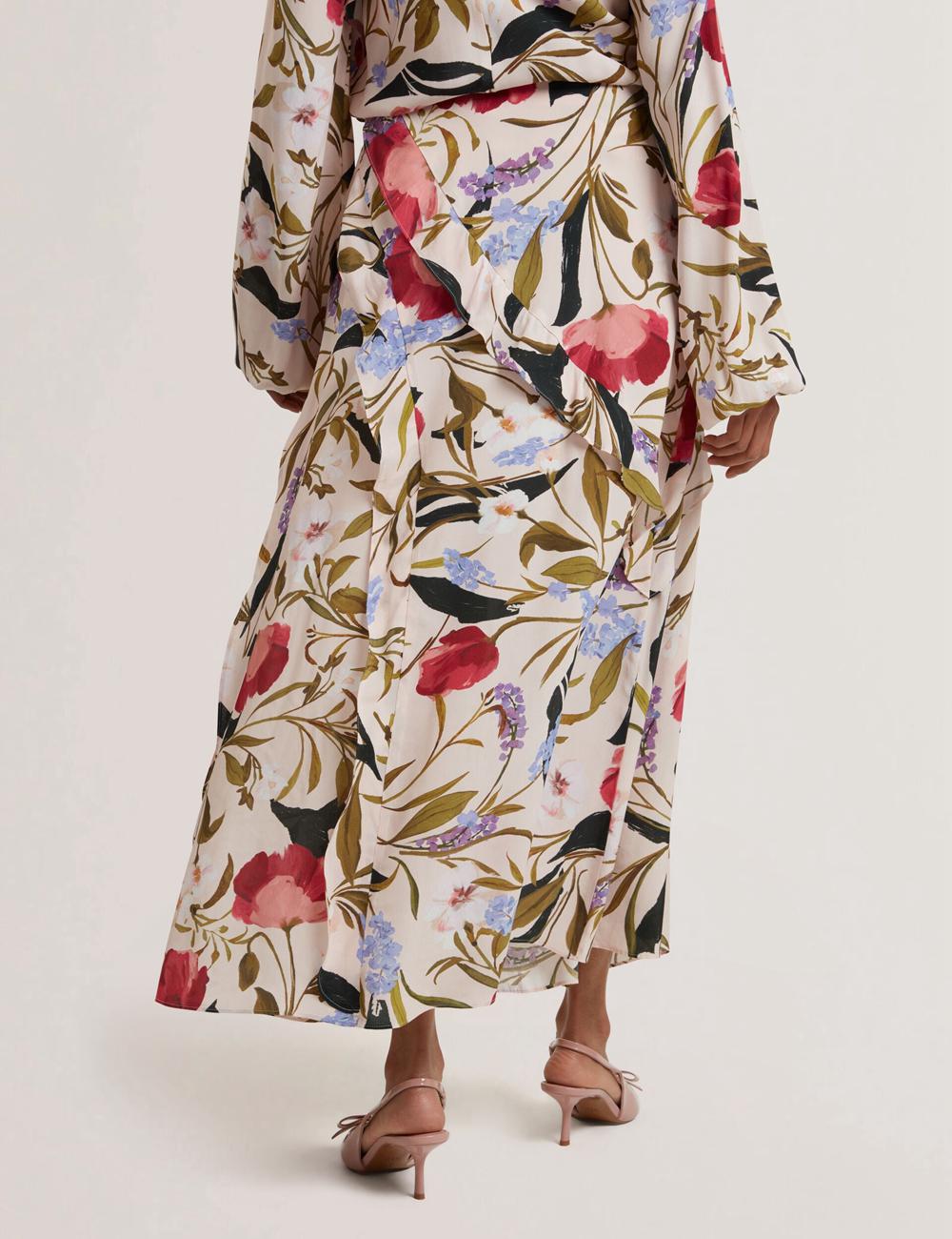 Pink Ted Baker CANDICI - Floral Print Frill Trim With Split Women Midi Skirts | SG  8103-UTLGP