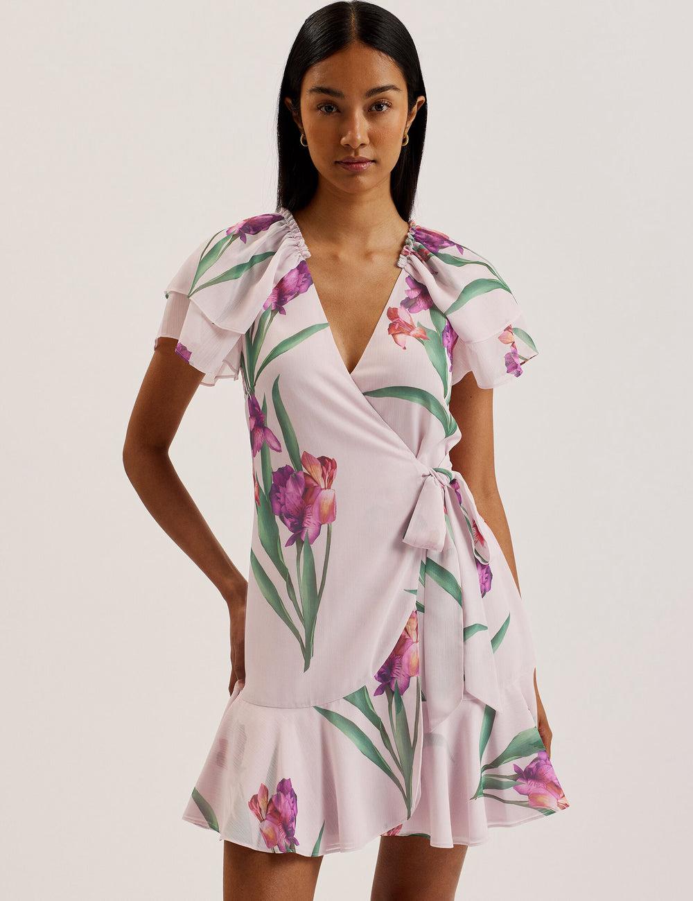 Pink Ted Baker FASNIA - Floral Angel Sleeve Wrap Women Mini Dresses | SG  7419-XALSD