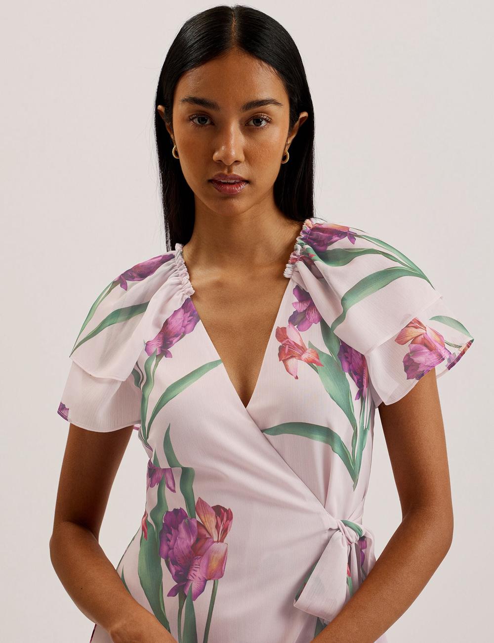 Pink Ted Baker FASNIA - Floral Angel Sleeve Wrap Women Mini Dresses | SG  7419-XALSD