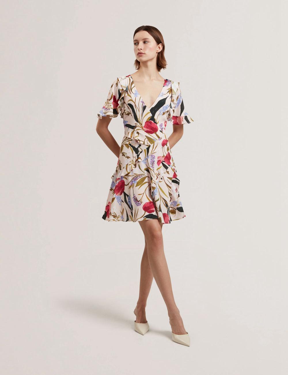 Pink Ted Baker ISSIIA - Frill Trim Floral Short Sleeve Women Mini Dresses | SG  5041-UBJZY