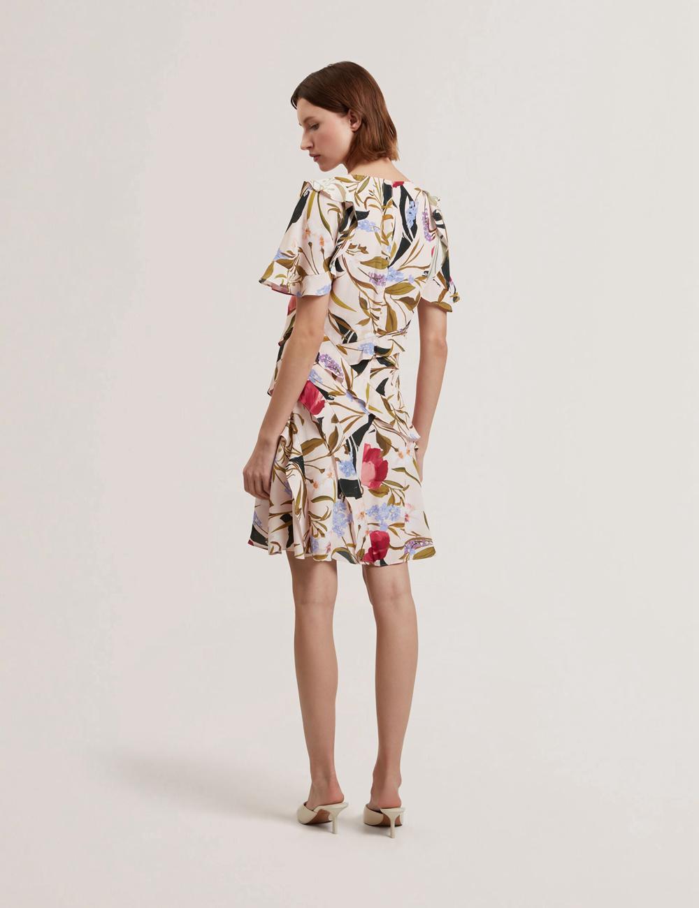Pink Ted Baker ISSIIA - Frill Trim Floral Short Sleeve Women Mini Dresses | SG  5041-UBJZY