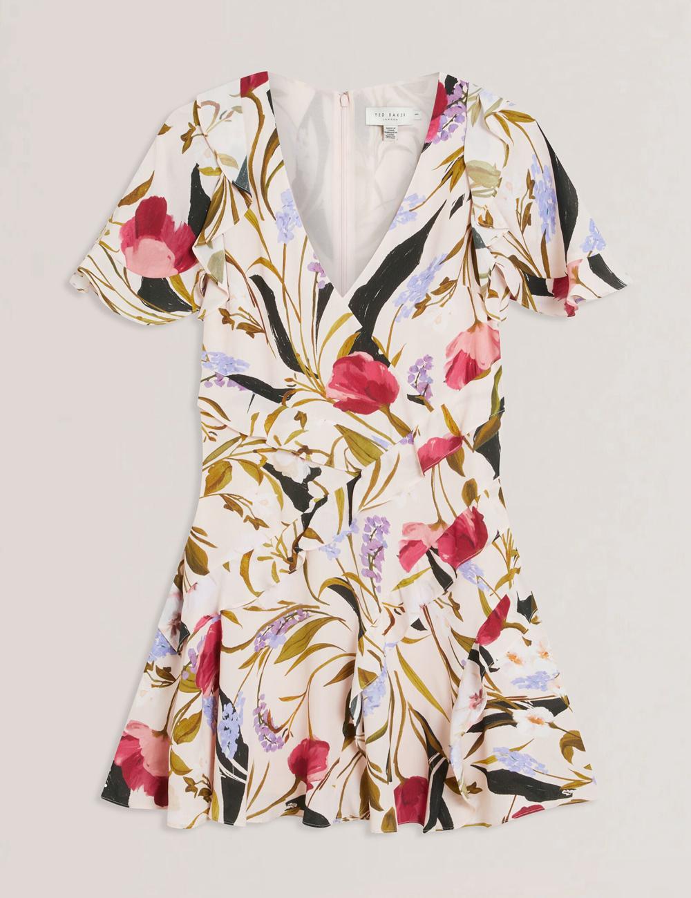 Pink Ted Baker ISSIIA - Frill Trim Floral Short Sleeve Women Mini Dresses | SG  5041-UBJZY