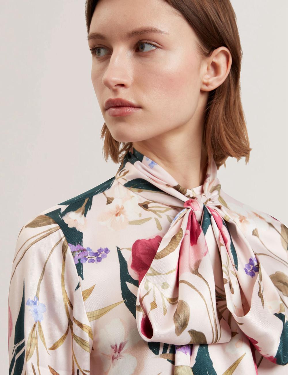 Pink Ted Baker LEEYAA - Floral Print Neck Longline Women Blouses | SG  5621-HGMXS
