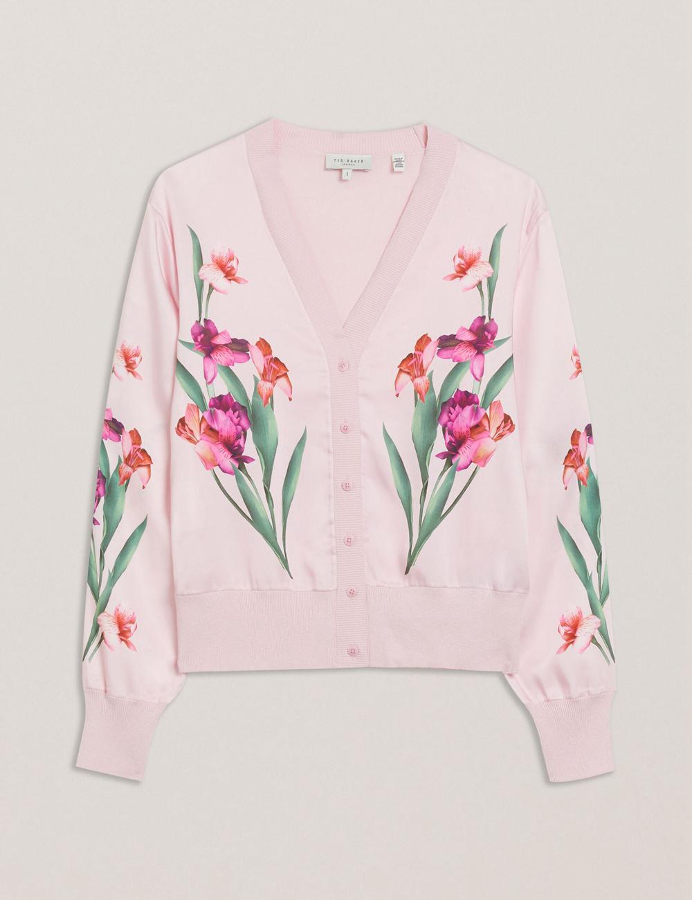 Pink Ted Baker MERALLL - Floral Woven Front V-Neck Women Cardigans | SG  4916-DVXFG
