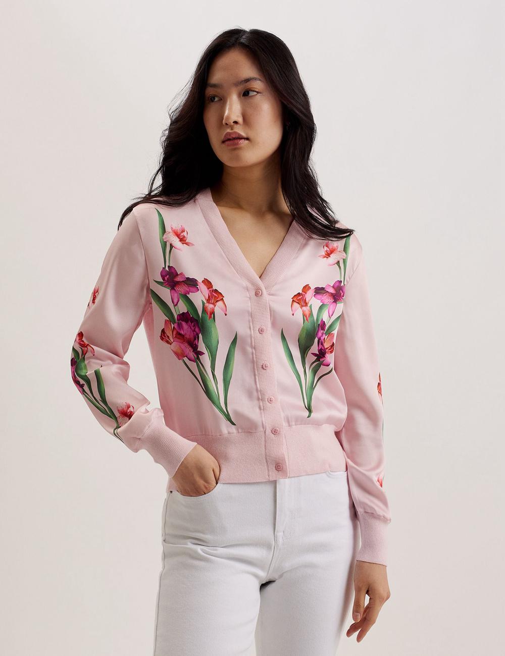 Pink Ted Baker MERALLL - Floral Woven Front V-Neck Women Cardigans | SG  4916-DVXFG