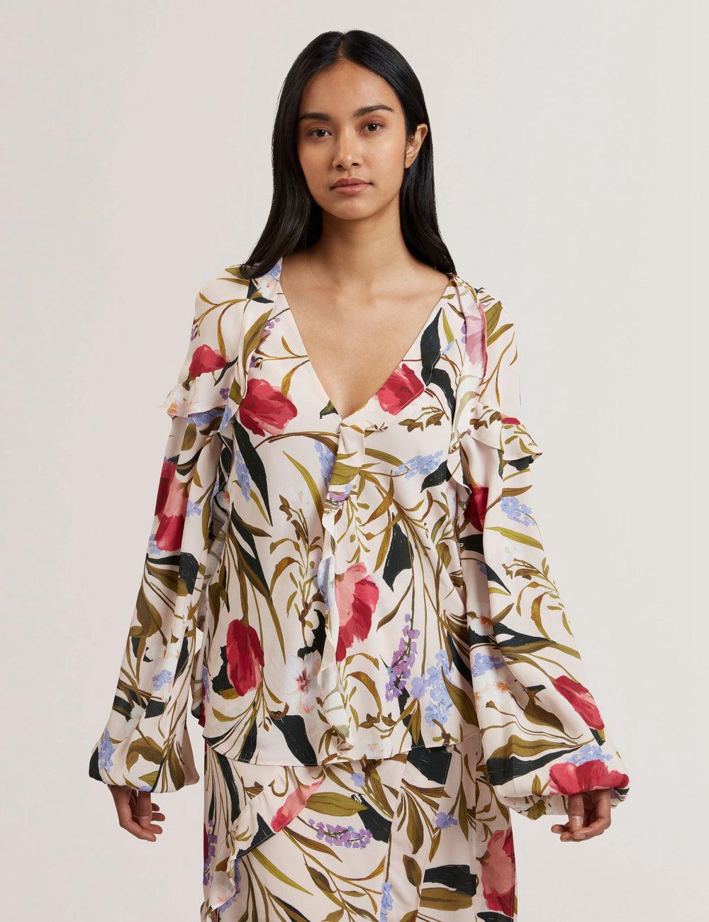 Pink Ted Baker MINASA - Floral Print Frill Trim Long Sleeve Women Blouses | SG  1547-BKGUI