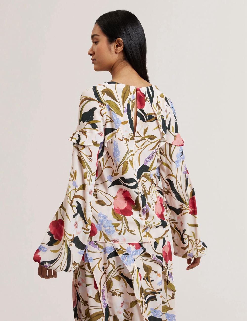 Pink Ted Baker MINASA - Floral Print Frill Trim Long Sleeve Women Blouses | SG  1547-BKGUI