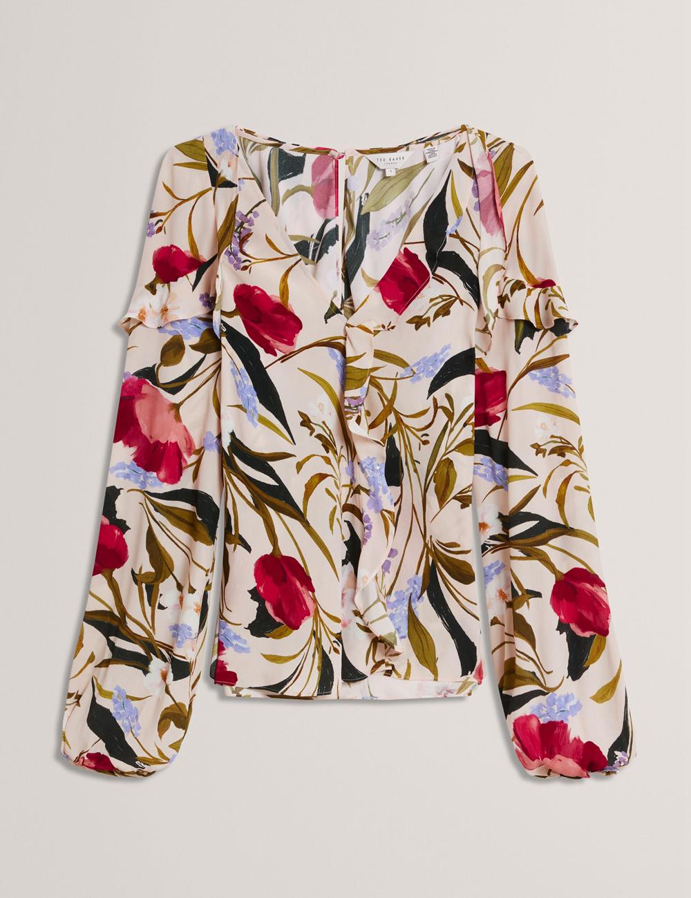 Pink Ted Baker MINASA - Floral Print Frill Trim Long Sleeve Women Blouses | SG  1547-BKGUI