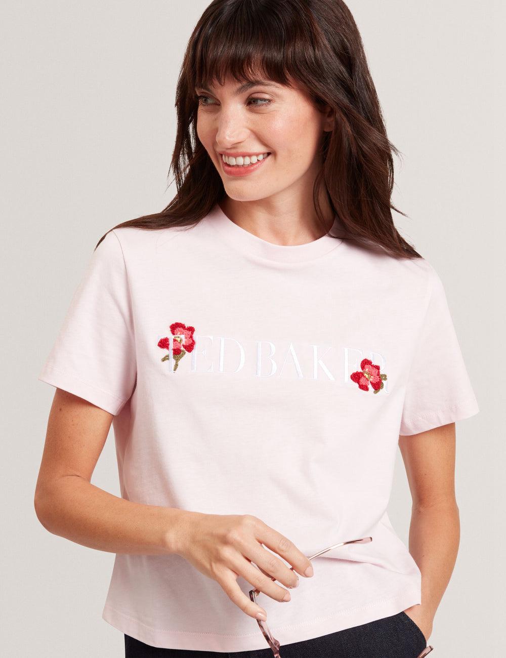 Pink Ted Baker MOLII - Embroidered Logo Cropped Cotton Women T-Shirts | SG  8231-TAXLG