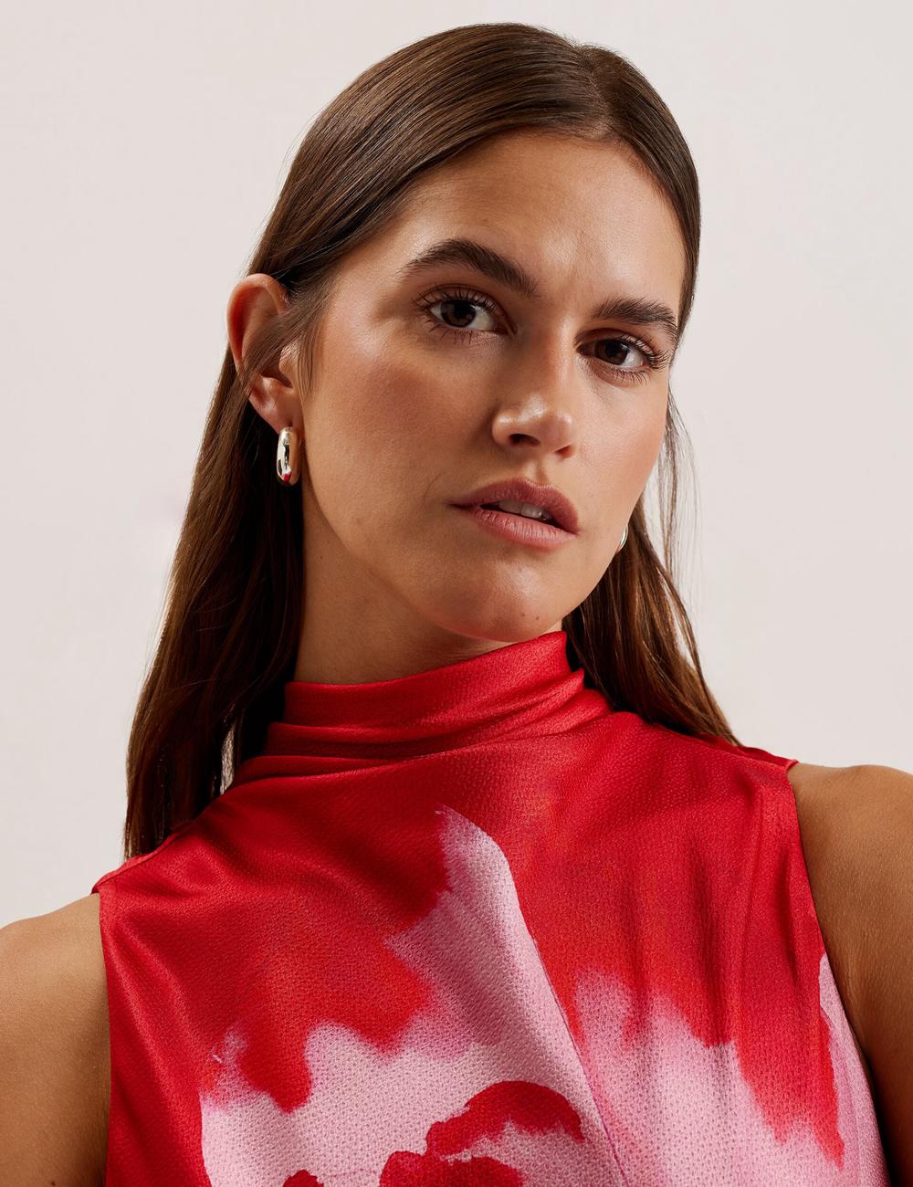 Red Ted Baker ALIARA - Floral Satin High Neck Sleeveless Women Midi Dresses | SG  3867-PAQSX