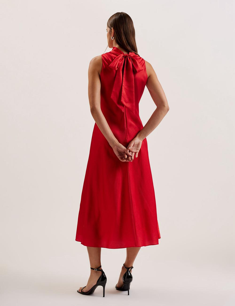 Red Ted Baker ALIARA - Floral Satin High Neck Sleeveless Women Midi Dresses | SG  3867-PAQSX