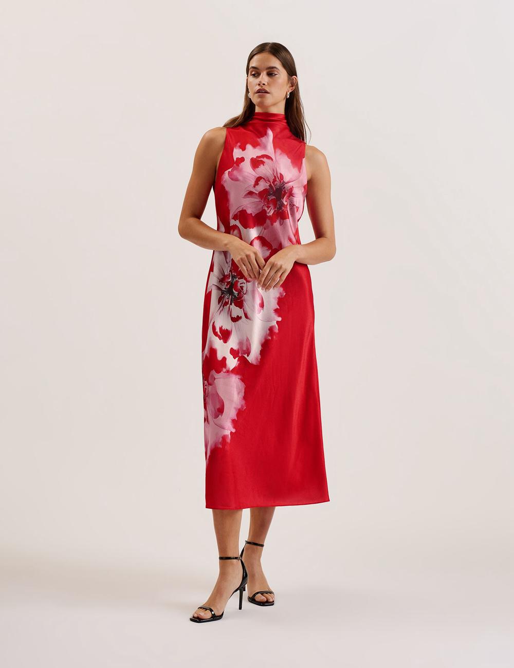 Red Ted Baker ALIARA - Floral Satin High Neck Sleeveless Women Midi Dresses | SG  3867-PAQSX