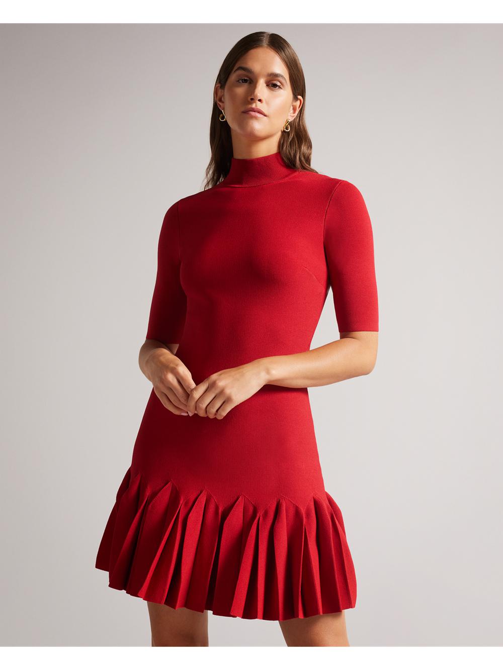 Red Ted Baker CANDDY - Pleated Hem Bodycon Knit Women Mini Dresses | SG  1542-XGRDK