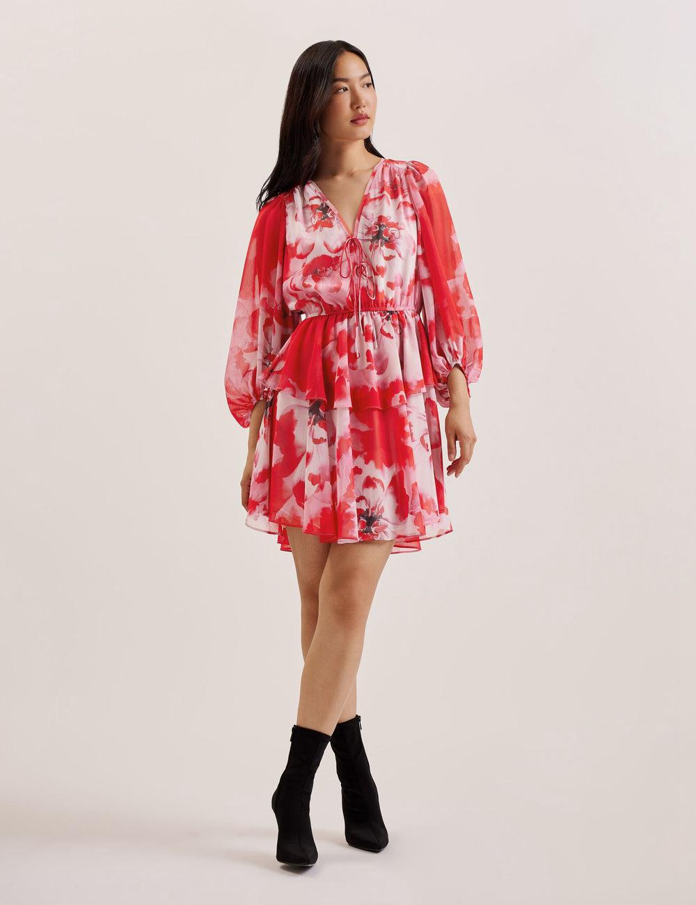 Red Ted Baker LEYNA - Floral Chiffon Front Women Mini Dresses | SG  1345-NJAVM