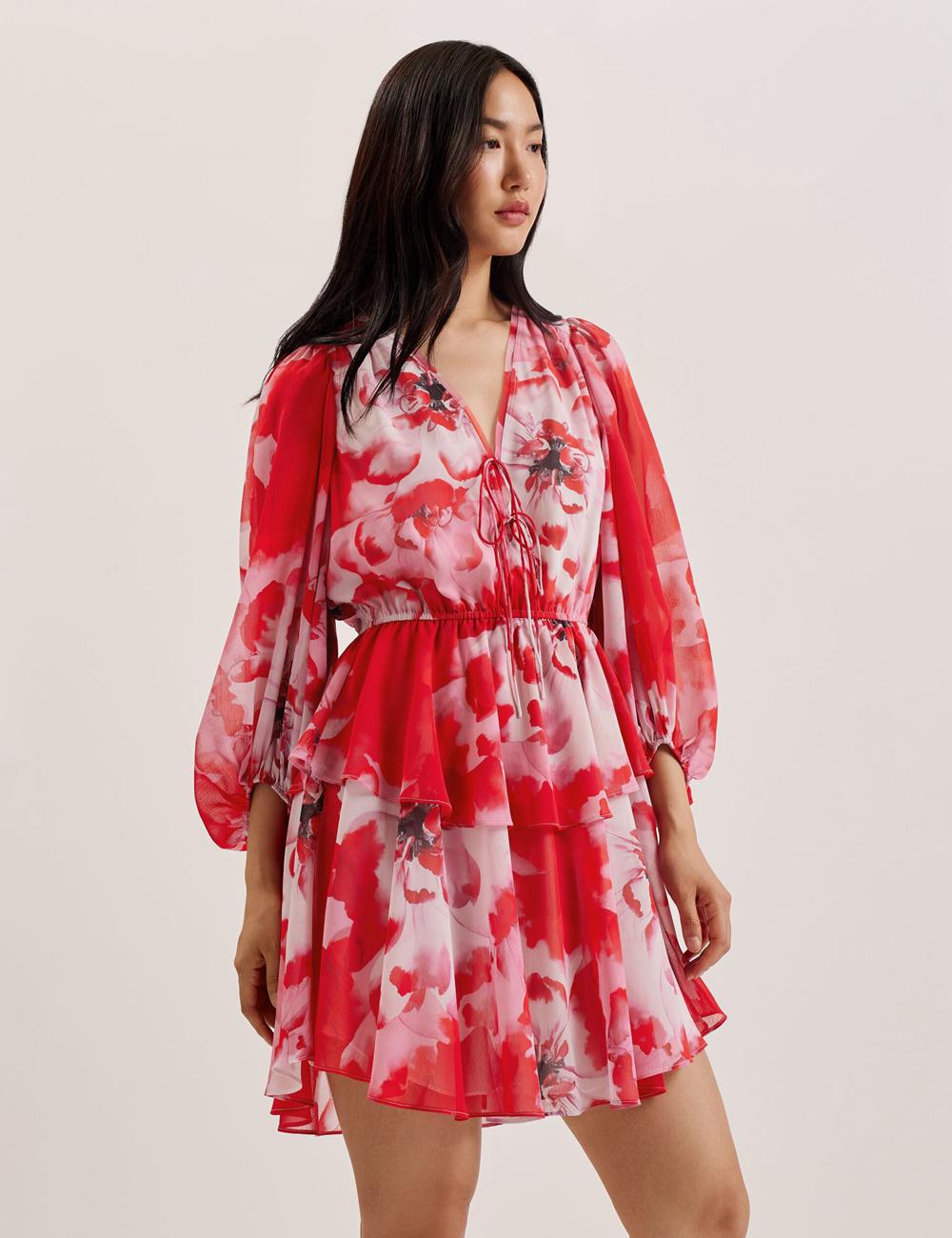 Red Ted Baker LEYNA - Floral Chiffon Front Women Mini Dresses | SG  1345-NJAVM
