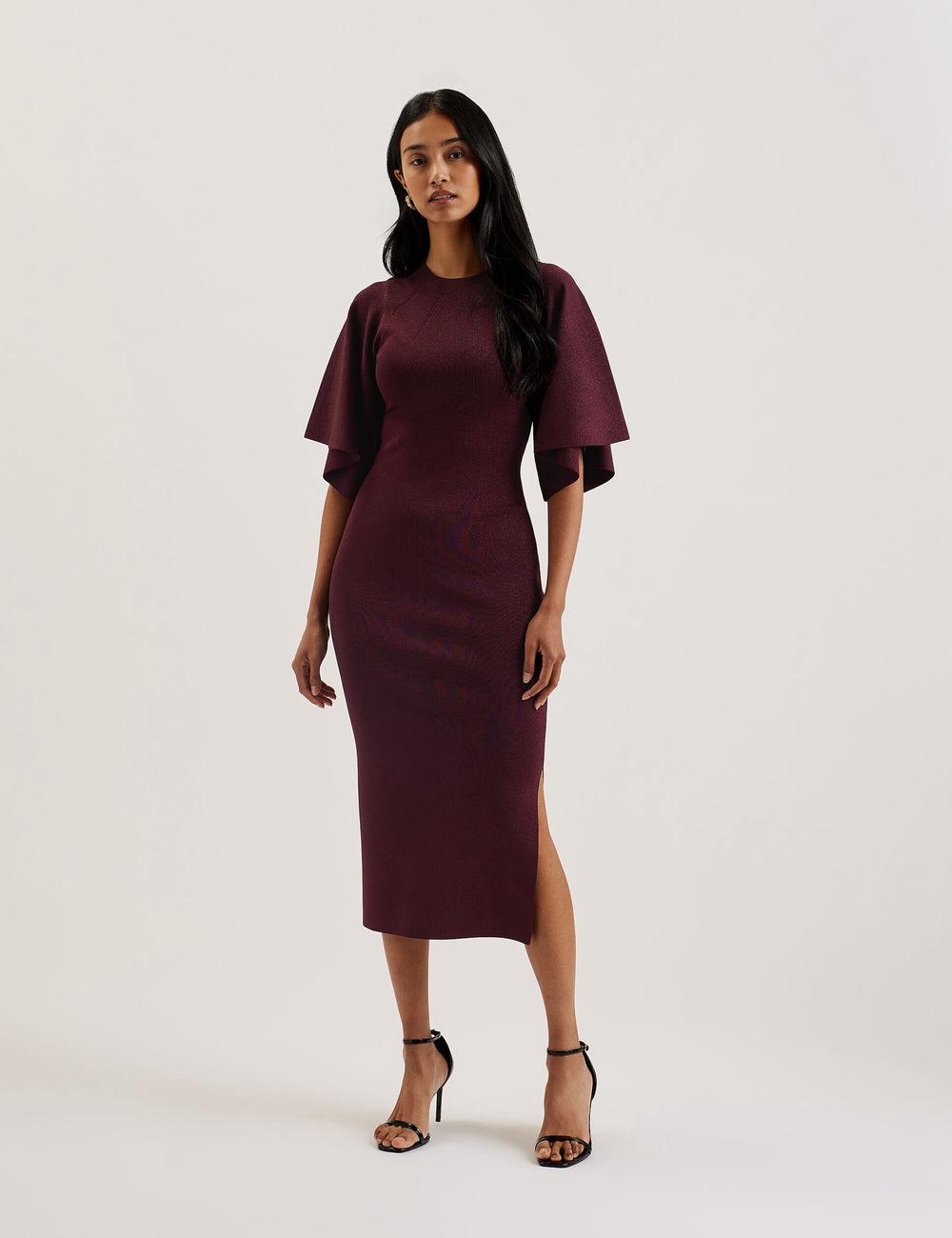Red Ted Baker LOUANAA - Metallic Knit Fluted Sleeve Women Midi Dresses | SG  1092-IYBAS