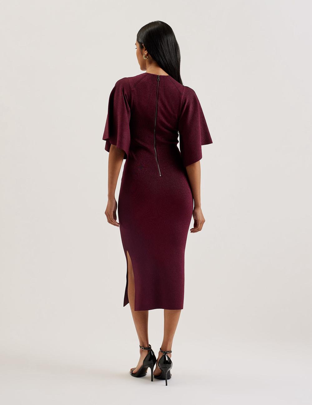 Red Ted Baker LOUANAA - Metallic Knit Fluted Sleeve Women Midi Dresses | SG  1092-IYBAS