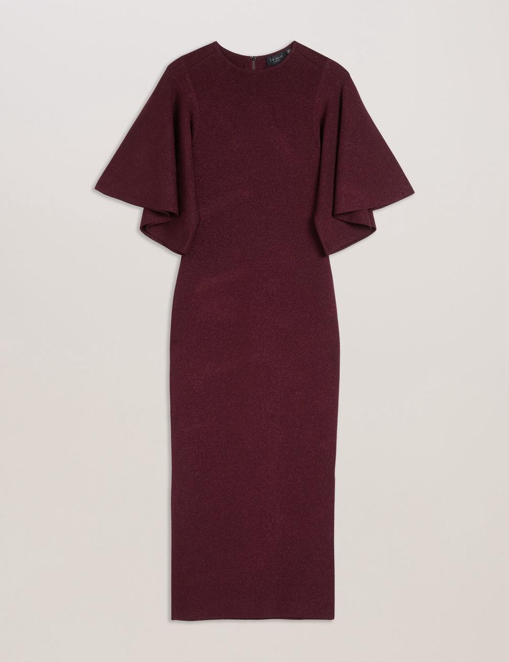 Red Ted Baker LOUANAA - Metallic Knit Fluted Sleeve Women Midi Dresses | SG  1092-IYBAS