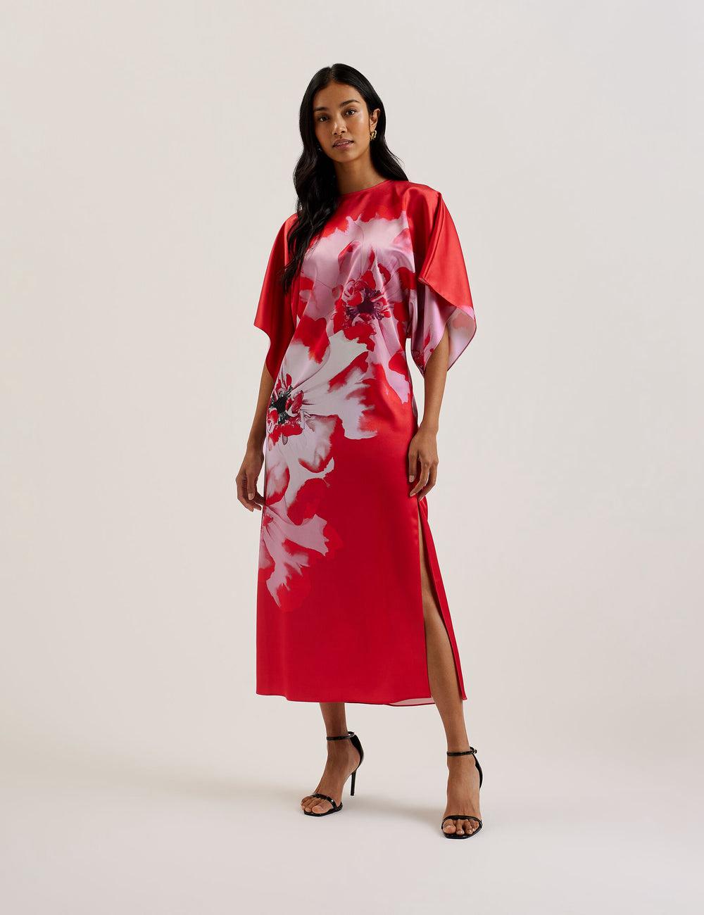 Red Ted Baker NASINU - Printed Satin Batwing Sleeve Women Midi Dresses | SG  4695-HBVJM