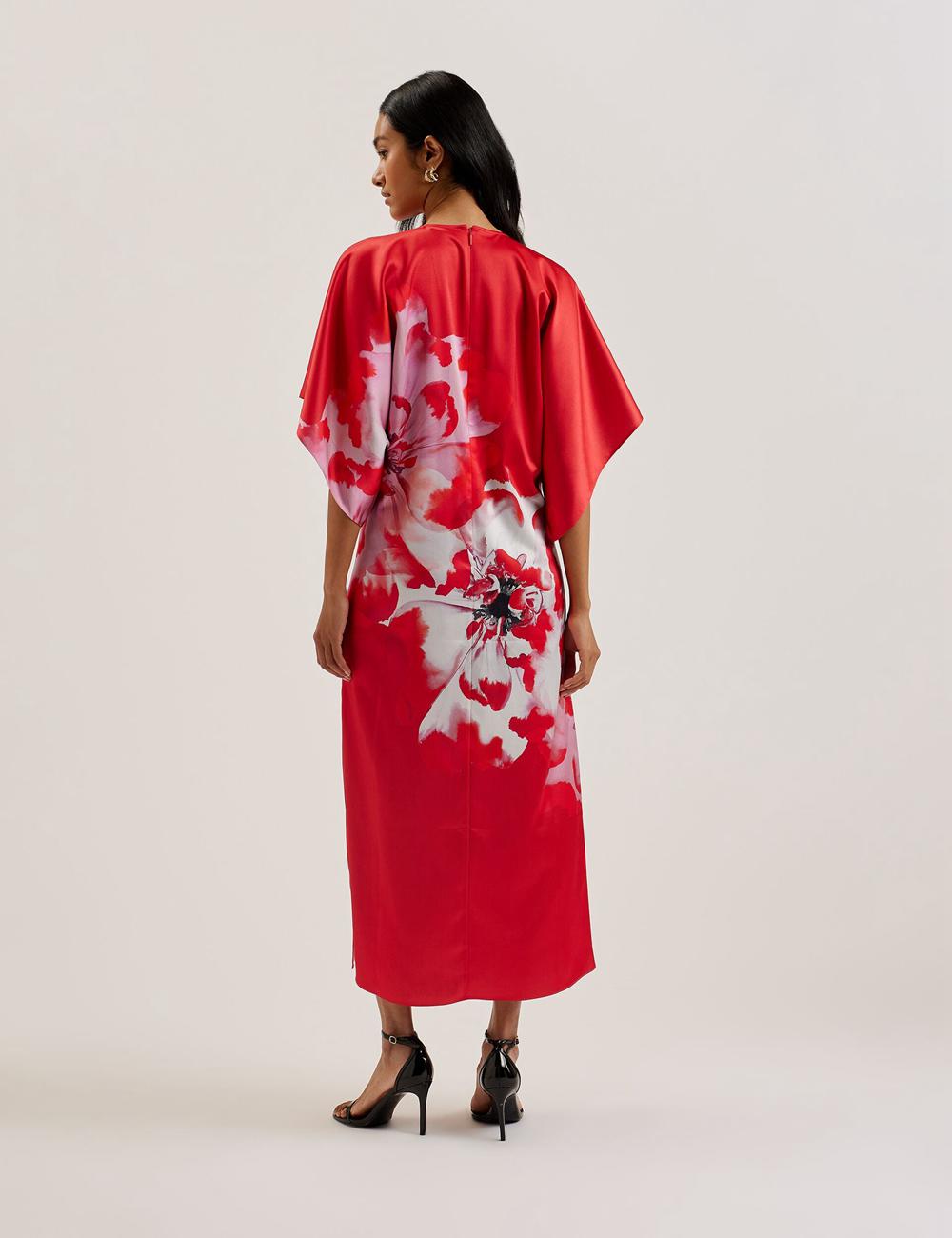 Red Ted Baker NASINU - Printed Satin Batwing Sleeve Women Midi Dresses | SG  4695-HBVJM