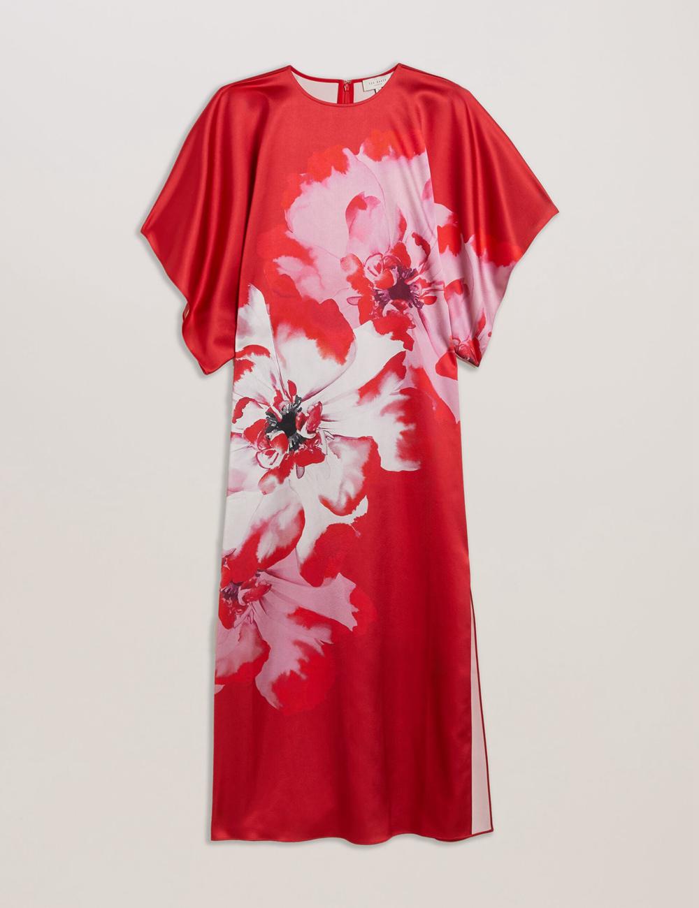 Red Ted Baker NASINU - Printed Satin Batwing Sleeve Women Midi Dresses | SG  4695-HBVJM