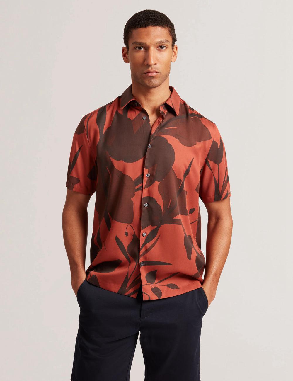 Red Ted Baker PINEDA - Short Sleeve Relaxed Floral Print Men Casual Shirts | SG  2684-QWMUN