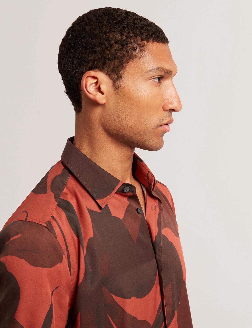 Red Ted Baker PINEDA - Short Sleeve Relaxed Floral Print Men Casual Shirts | SG  2684-QWMUN