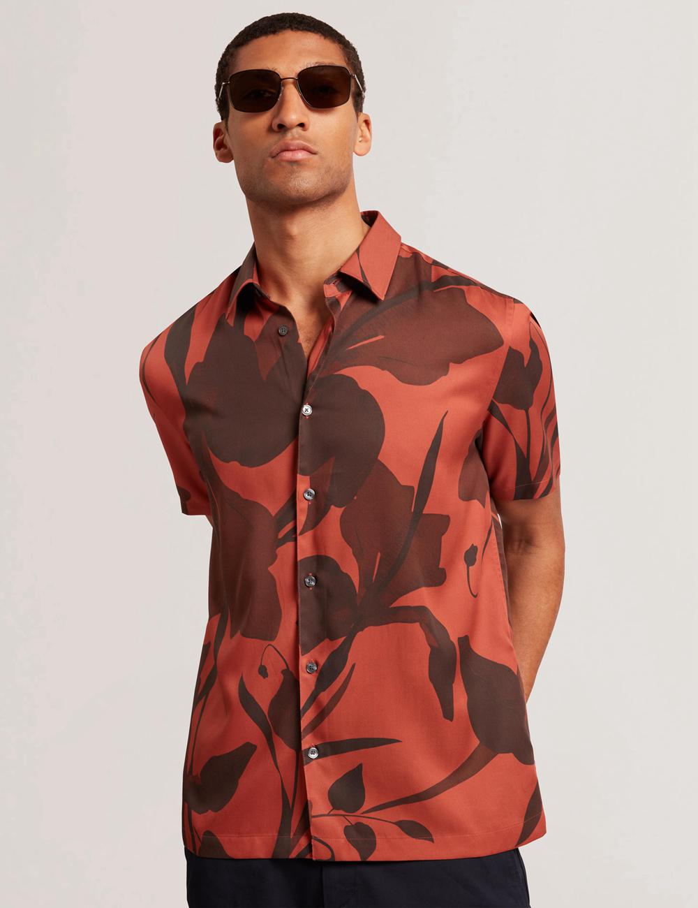 Red Ted Baker PINEDA - Short Sleeve Relaxed Floral Print Men Casual Shirts | SG  2684-QWMUN