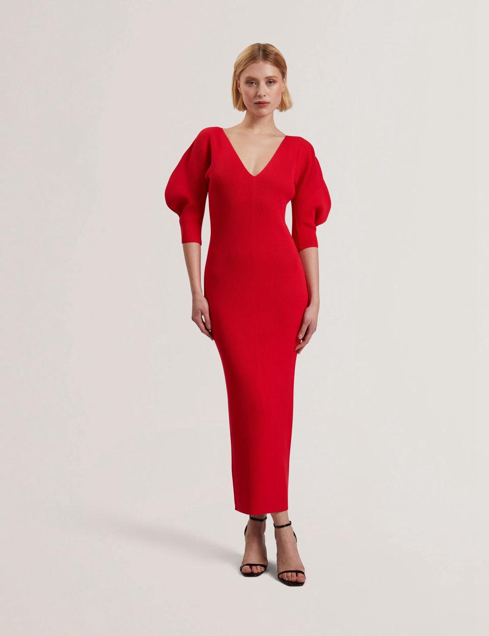 Red Ted Baker PRICILA - Shaped Sleeve Knitted Bodycon Women Midi Dresses | SG  7194-EADGH