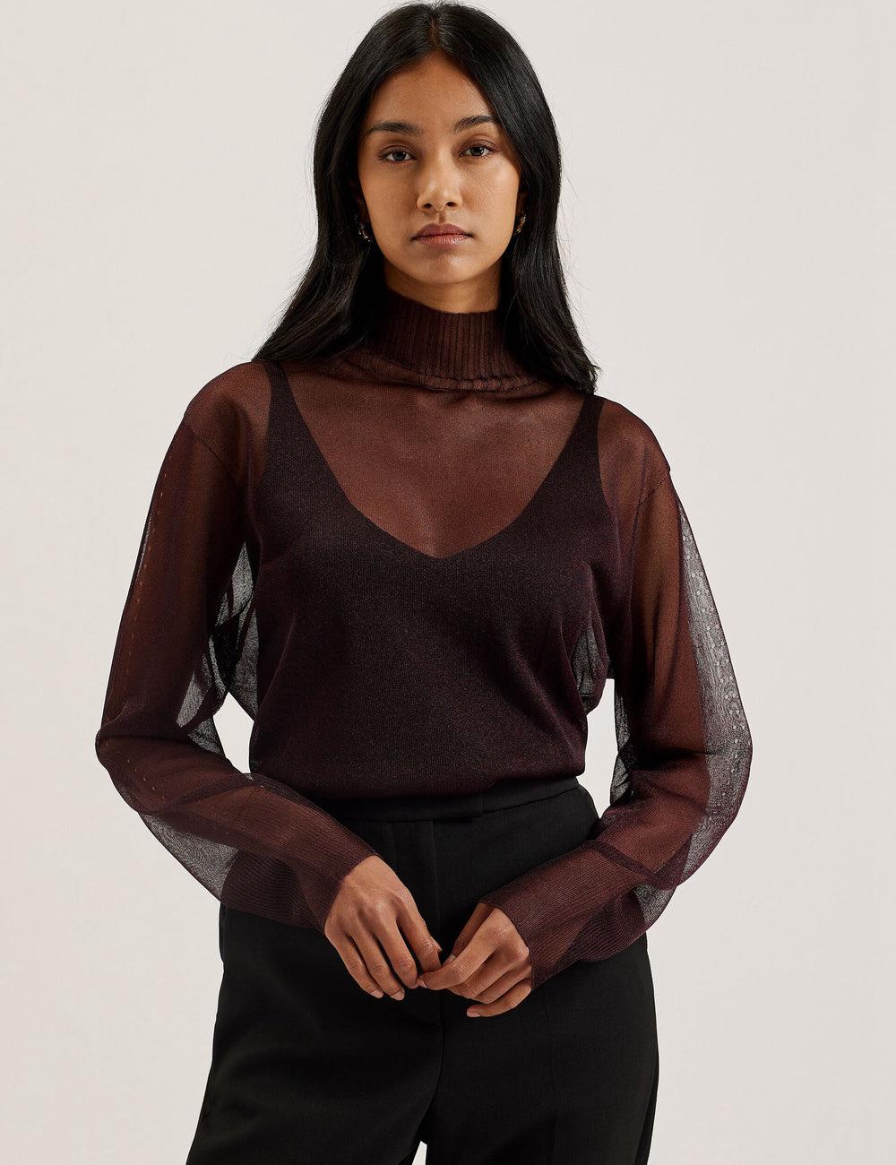Red Ted Baker TAYLAW - Shimmer Sheer Knit Funnel Neck Top Women Jumpers | SG  2094-JRWHA