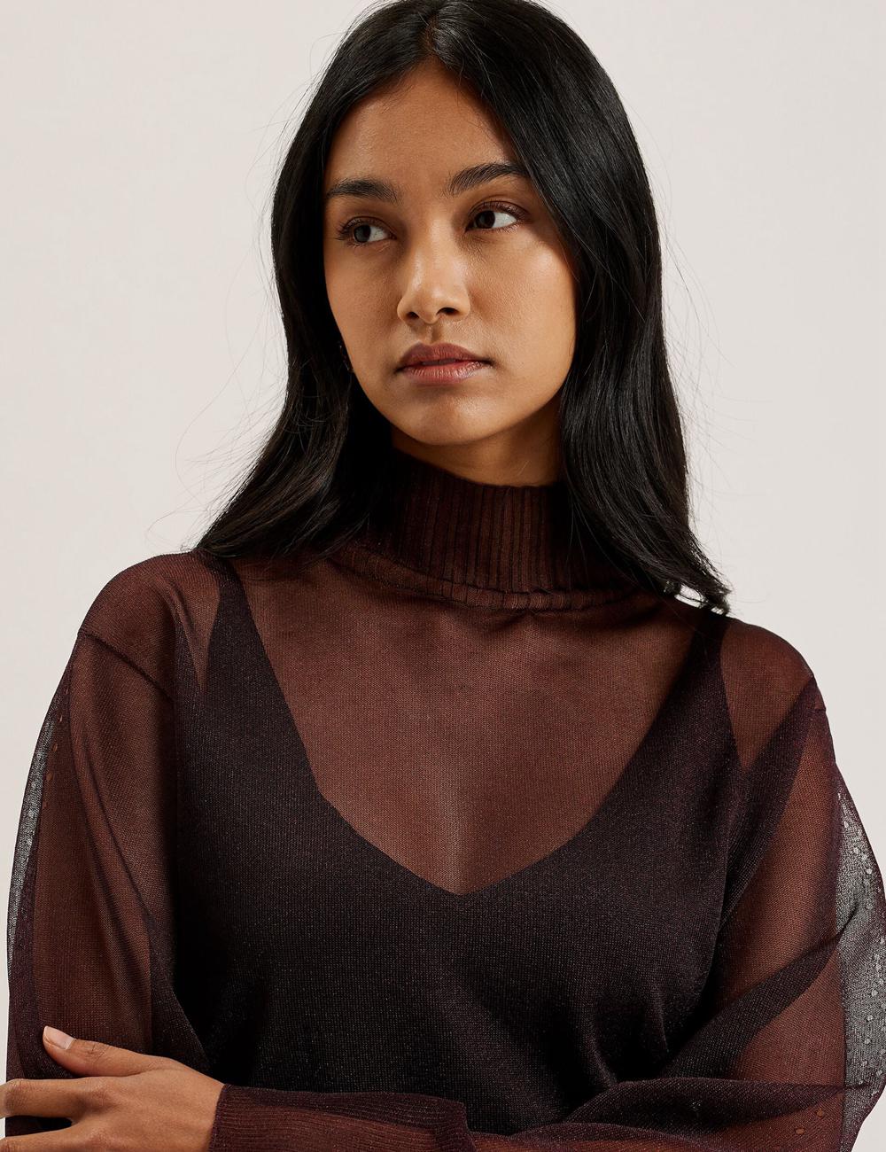 Red Ted Baker TAYLAW - Shimmer Sheer Knit Funnel Neck Top Women Jumpers | SG  2094-JRWHA