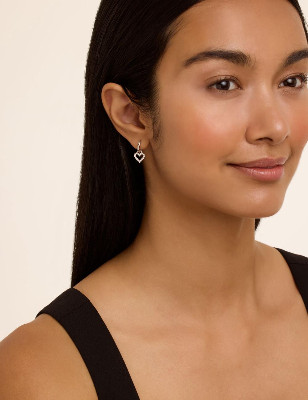 Silver Ted Baker AMORA - Crystal Open Heart Huggie Women Earrings | SG  4790-UERTM