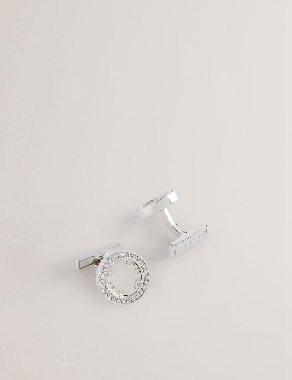 Silver Ted Baker CRUZ - Crystal Border Logo Round Men Cufflinks | SG  3806-WXKQL