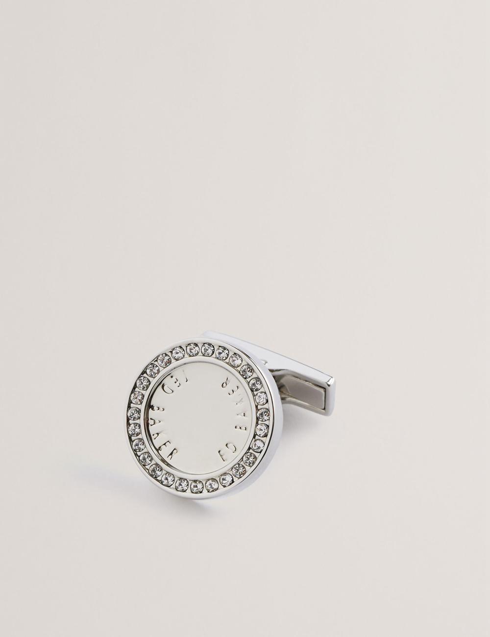 Silver Ted Baker CRUZ - Crystal Border Logo Round Men Cufflinks | SG  3806-WXKQL