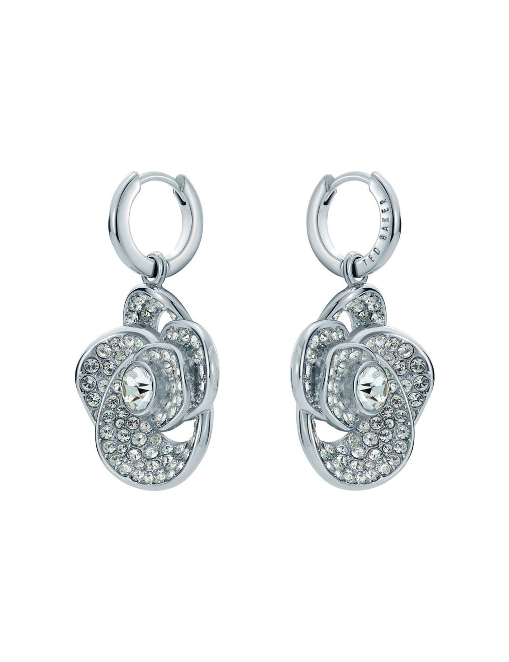 Silver Ted Baker FLORENCE - Crystal Flower Pendant Huggie Women Earrings | SG  0372-LOXEM