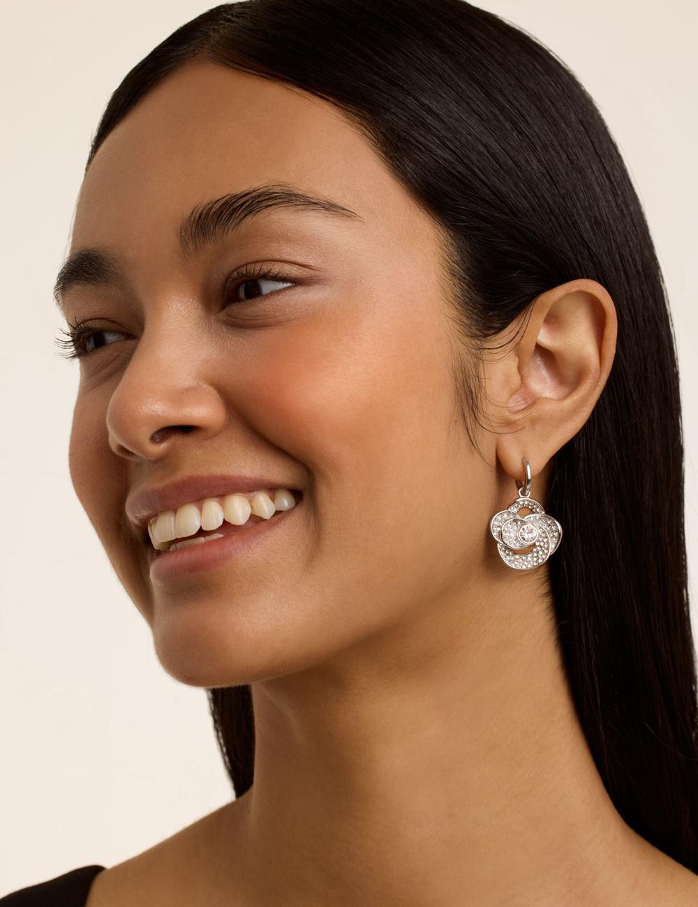Silver Ted Baker FLORENCE - Crystal Flower Pendant Huggie Women Earrings | SG  0372-LOXEM