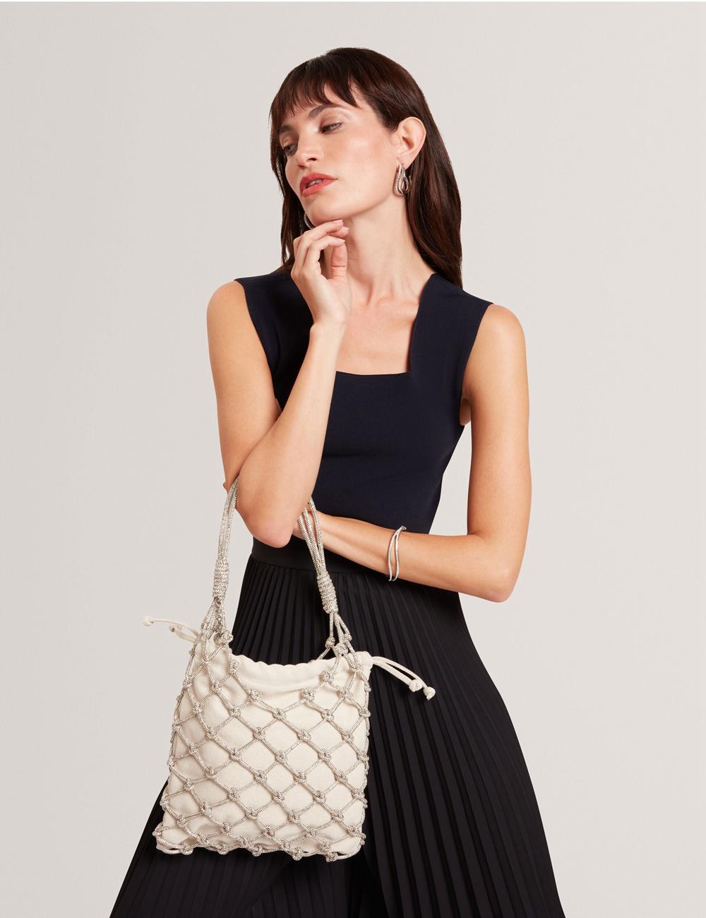 Silver Ted Baker KYLISA - Crystal Cage Top Handle Canvas Women Bucket Bags | SG  7568-TVUHA
