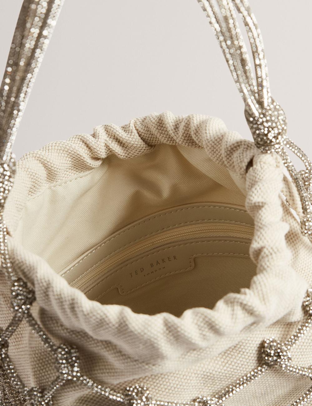 Silver Ted Baker KYLISA - Crystal Cage Top Handle Canvas Women Bucket Bags | SG  7568-TVUHA