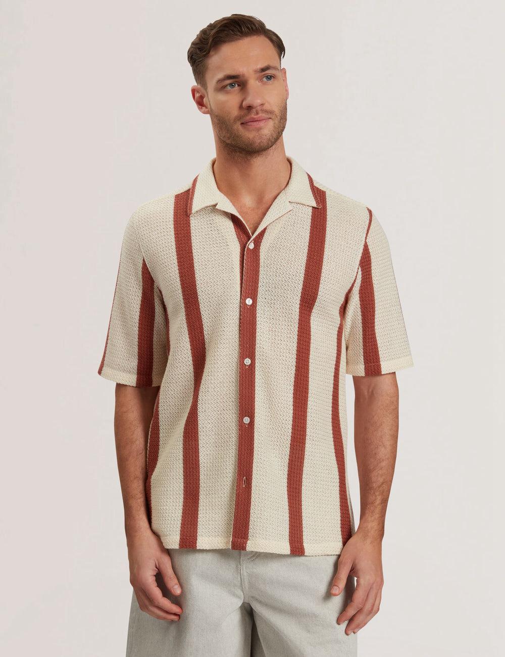 Taupe Ted Baker NIKS - Short Sleeve Stripe Crochet Oversized Men Casual Shirts | SG  8265-YWRKP