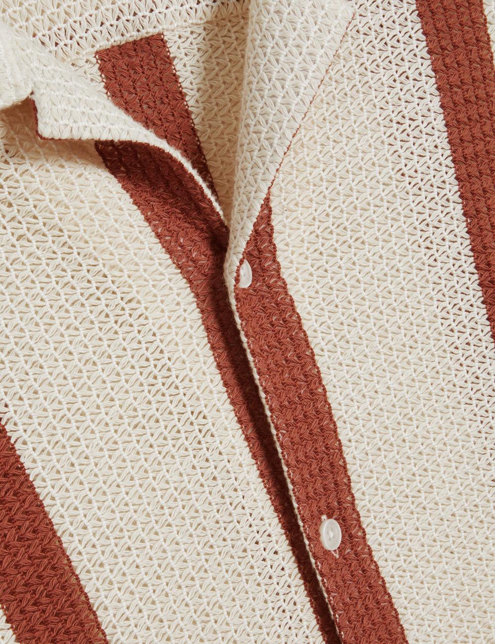 Taupe Ted Baker NIKS - Short Sleeve Stripe Crochet Oversized Men Casual Shirts | SG  8265-YWRKP