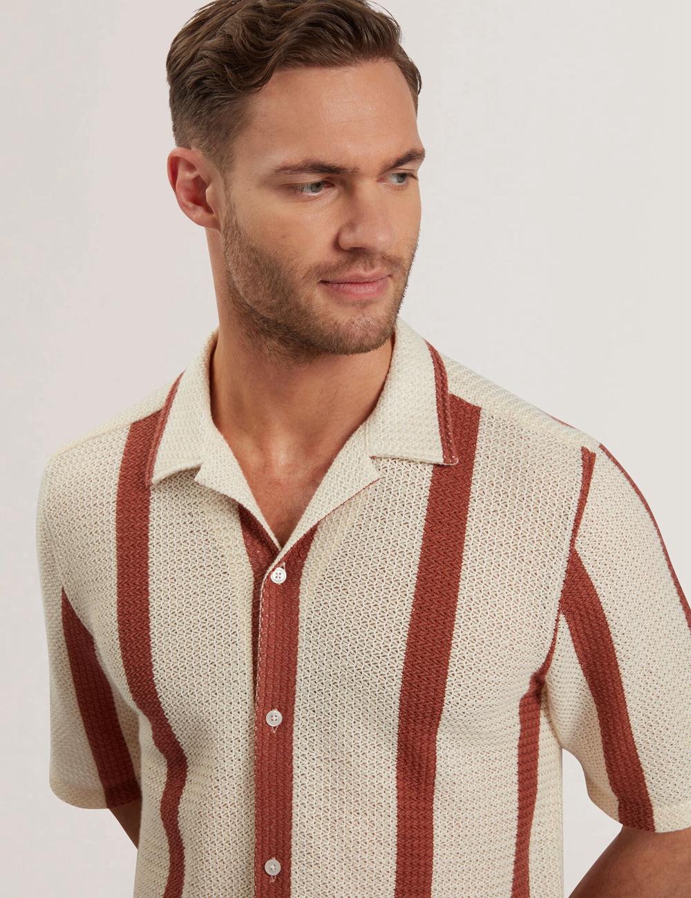Taupe Ted Baker NIKS - Short Sleeve Stripe Crochet Oversized Men Casual Shirts | SG  8265-YWRKP
