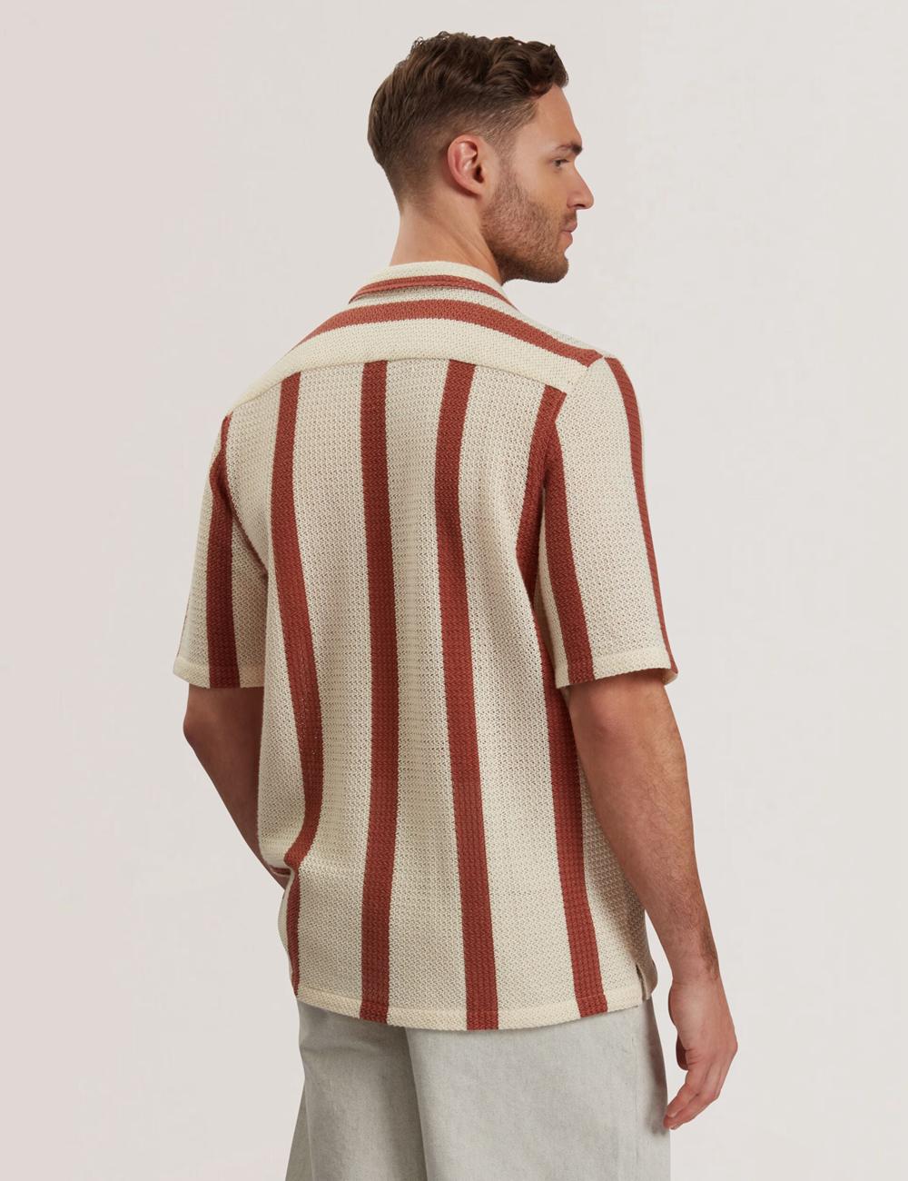 Taupe Ted Baker NIKS - Short Sleeve Stripe Crochet Oversized Men Casual Shirts | SG  8265-YWRKP