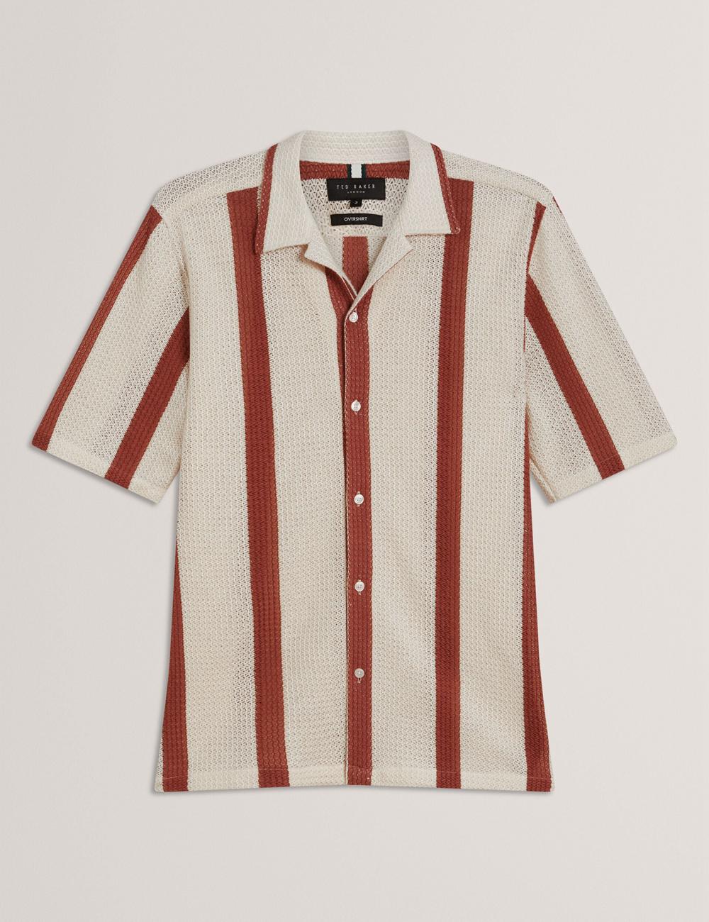 Taupe Ted Baker NIKS - Short Sleeve Stripe Crochet Oversized Men Casual Shirts | SG  8265-YWRKP