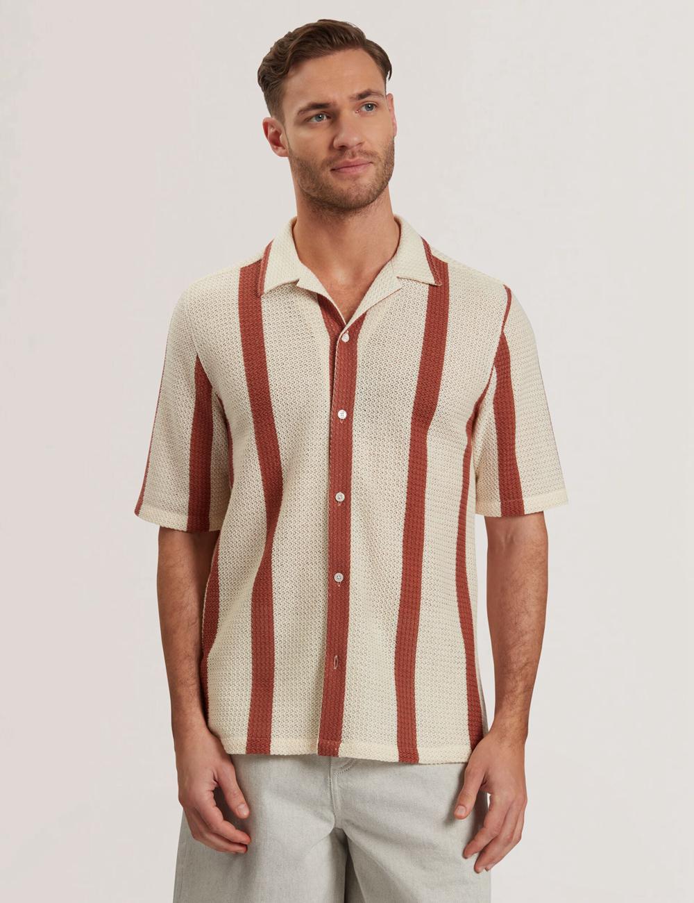 Taupe Ted Baker NIKS - Short Sleeve Stripe Crochet Oversized Men Casual Shirts | SG  8265-YWRKP