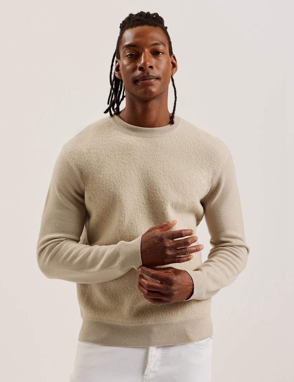 Taupe Ted Baker OLMSTE - Boucle Wool Blend Crew Neck Men Jumpers | SG  2547-RTFNW