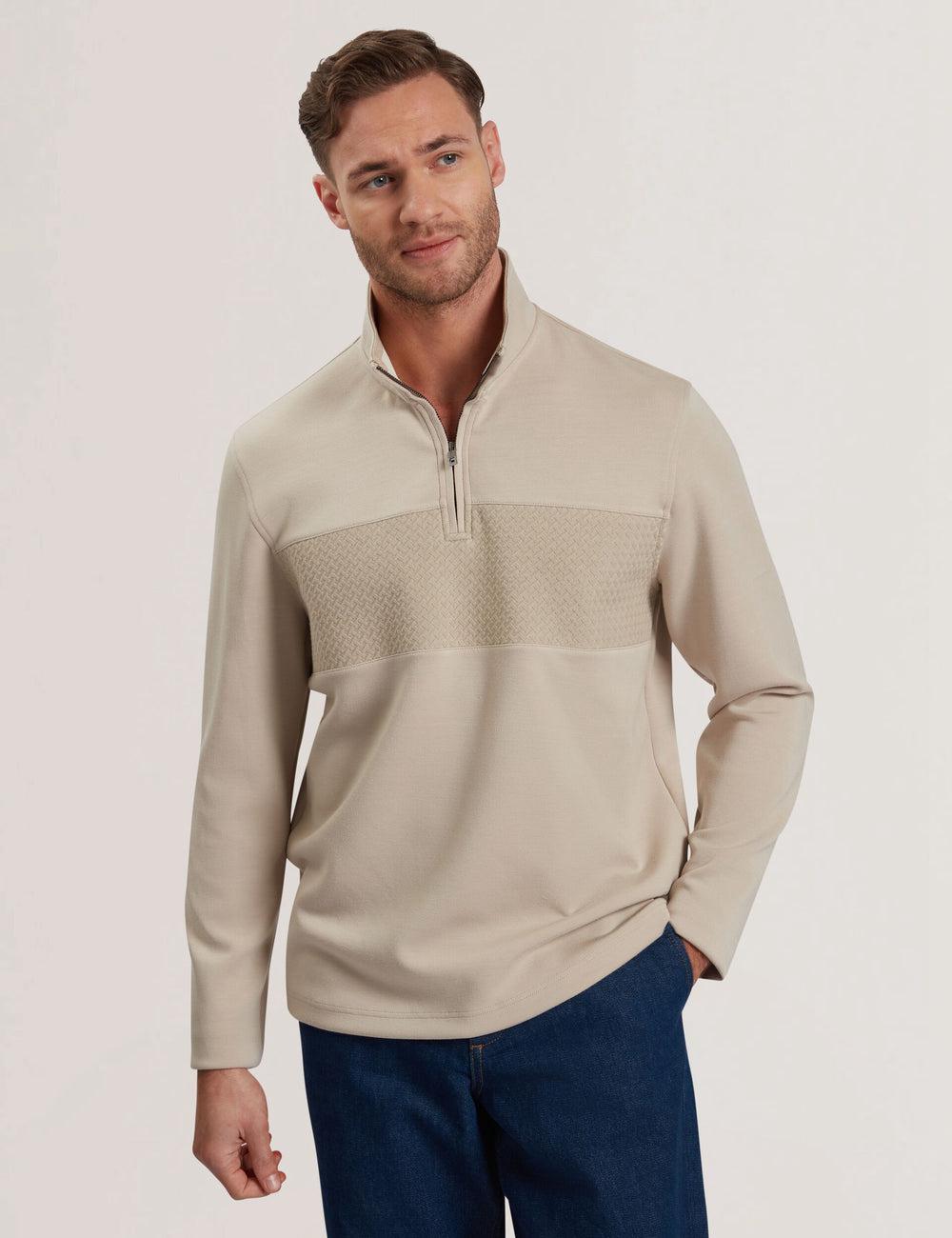 Taupe Ted Baker SIMONEA - Textured Panel Half-Zip Modal Men Sweatshirts | SG  5109-YFZHP